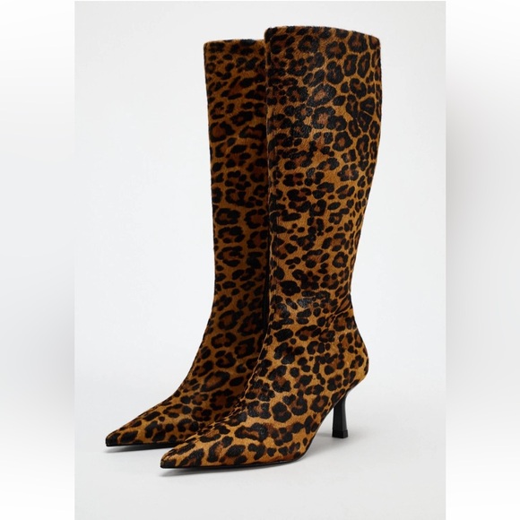 Zara Animal Print Leather Heel Knee Boots Leopard - Picture 1 of 8